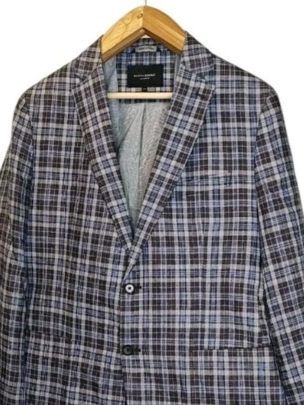 Banana Republic Men 44R Linen Blue Plaid Sports Coat Blazer Jacket Tailored Fit